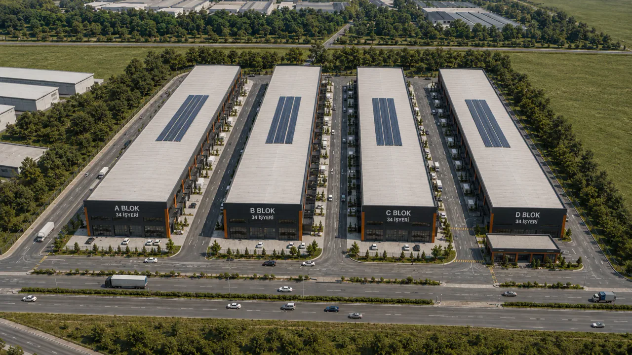 Nehir Sanayi Sitesi'nin dört bloklu yerleşim ve ulaşım görünümü